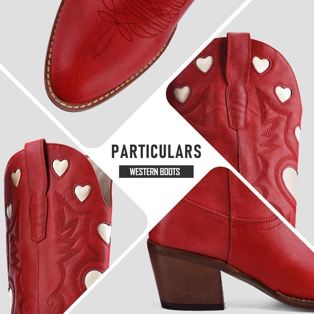 Women's Red Wide Calf Round Toe Chunky Stacked Heel Knee High Cowgirl Boot - Picture 5 of 9